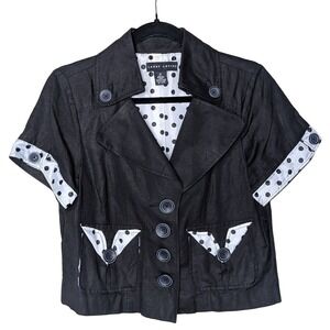 Larry Levine Black Linen Blend Polka Dot Lined Jacket‎ Sz M Retro Short Sleeve